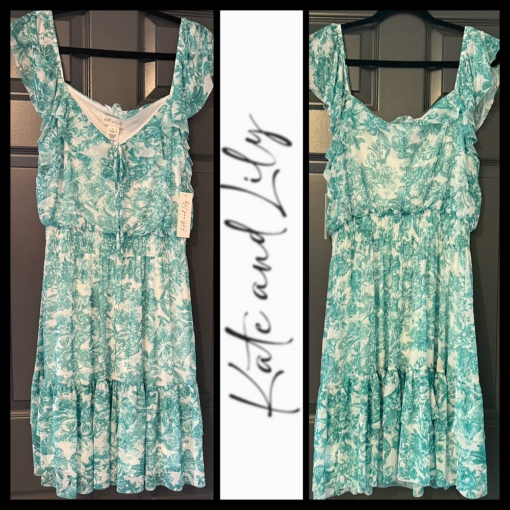 Kate and Lily Teal Floral Ruffled Summer Dress